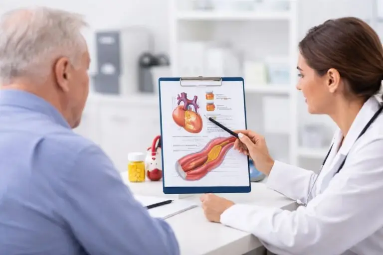 Spiegazione del colesterolo alto durante visita specialistica con medico e paziente