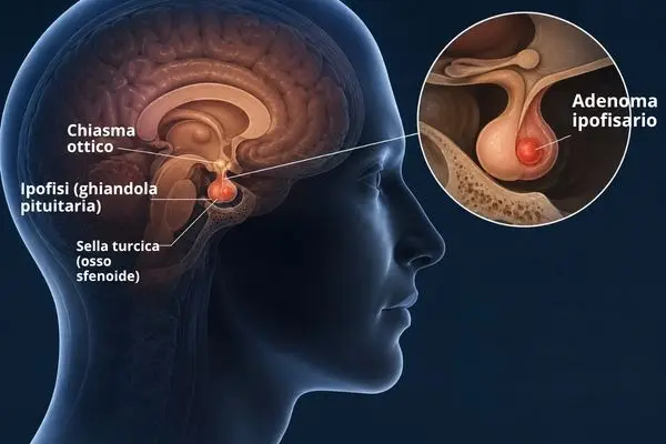 Illustrazione anatomica dell’ipofisi con adenoma evidenziato.