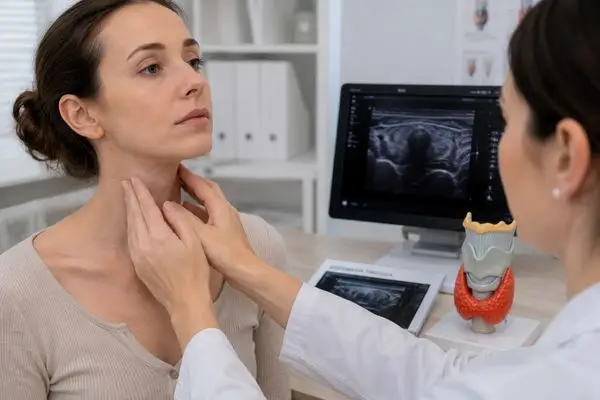 Visita endocrinologica con palpazione della tiroide ed ecografia tiroidea sul monitor.