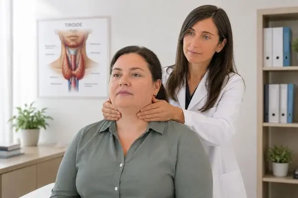 Endocrinologa che palpa la tiroide durante una visita medica.