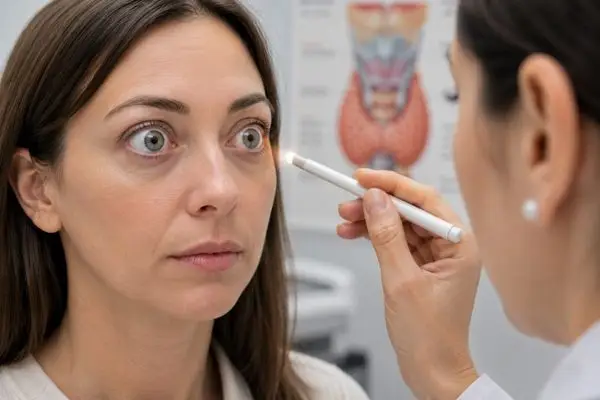 Visita medica con valutazione degli occhi di una paziente con esoftalmo.