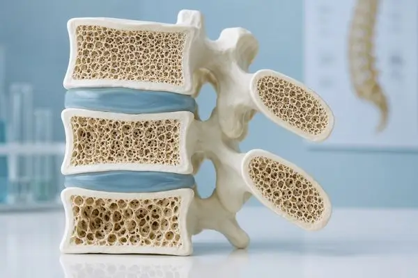 Modello anatomico di vertebre in sezione che mostra la riduzione della densità ossea.