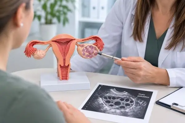 Modello anatomico dell’utero e delle ovaie con ovaio policistico durante una visita ginecologica.