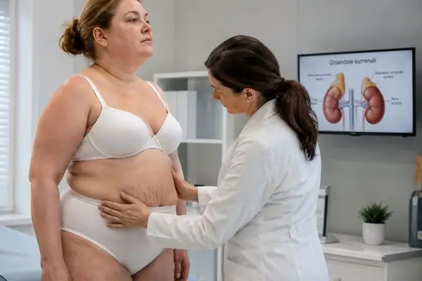 Visita endocrinologica con valutazione della distribuzione del grasso corporeo e delle smagliature addominali.