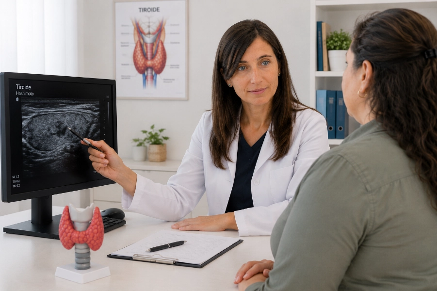 Endocrinologa che illustra l'ecografia della tiroide con un modello anatomico durante la visita
