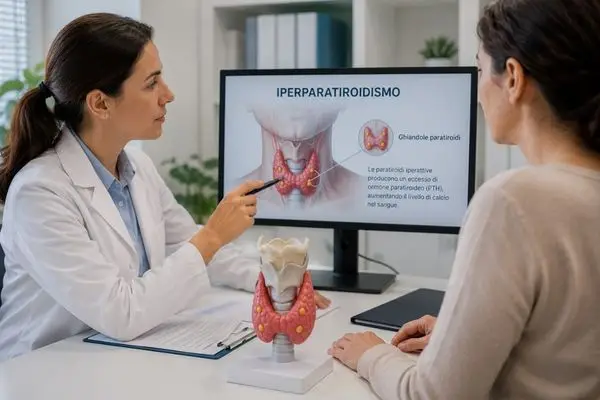 Medico che spiega l’iperparatiroidismo mostrando un modello anatomico delle ghiandole paratiroidi.